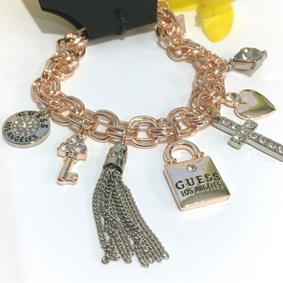 3/$29! GUESS Charm Bracelet Lock Key Cross Tassel - Picture 2 of 8